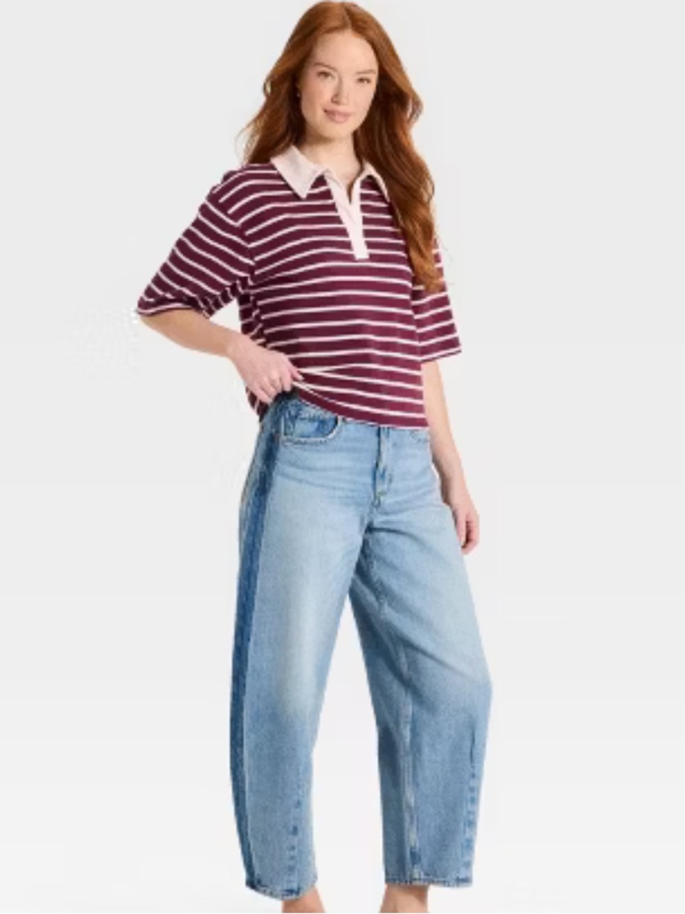 Universal Thread Striped Polo Shirt in Burgundy and White - Women's Casual Top M